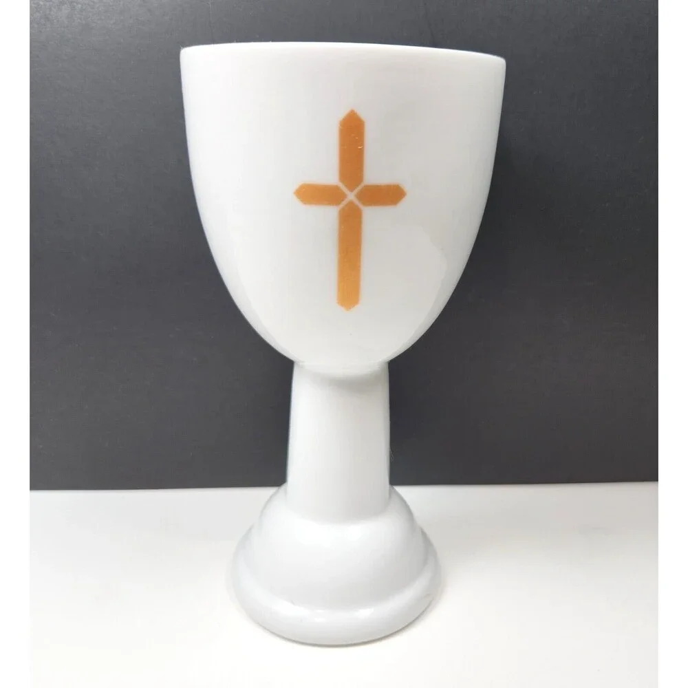 Autom Church Goblet Chalice 6 inch Ceramic White Gold Cross Blessing Cup